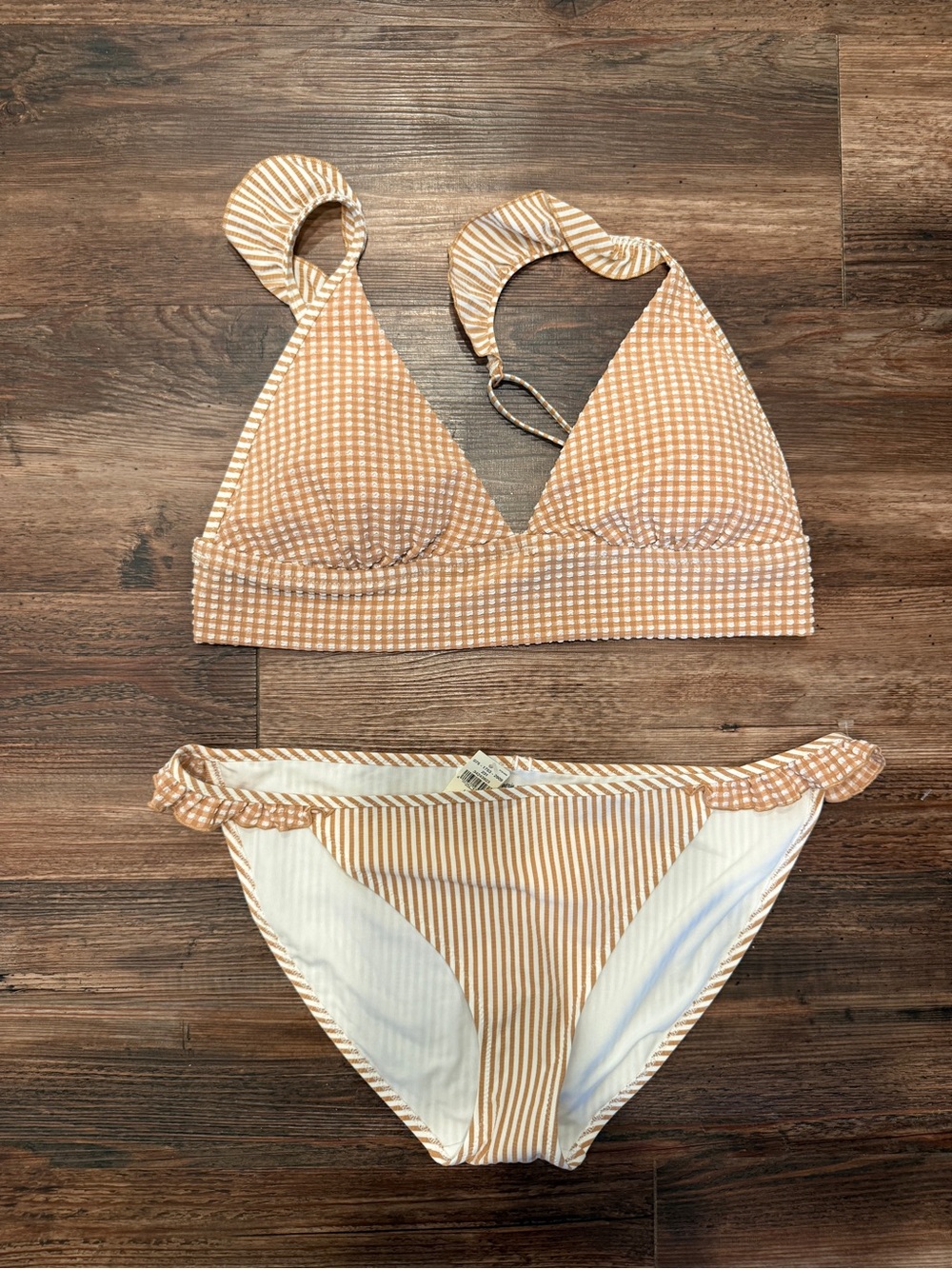 Aerie Seersucker Ruffle, Checkered, Stripped Bikini Swimsuit in Brown and White